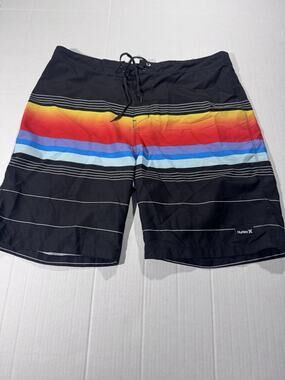 Hurley Mens Size 34 Board Shorts Black Sunset Gradient Stripe Swim Trunks